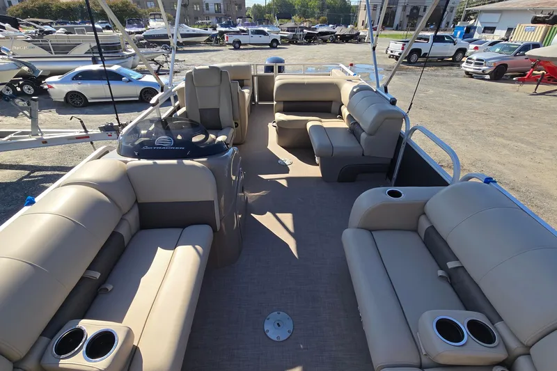 Slide: The Image of 2023 Sun Tracker Party Barge 22 RF DLX with spacious seating and cup holders. - 18