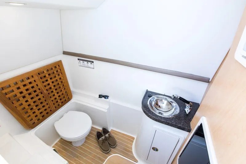 Slide: The Image of 2026 World Cat 325DC boat bathroom with toilet, sink, and wooden flooring. - 14