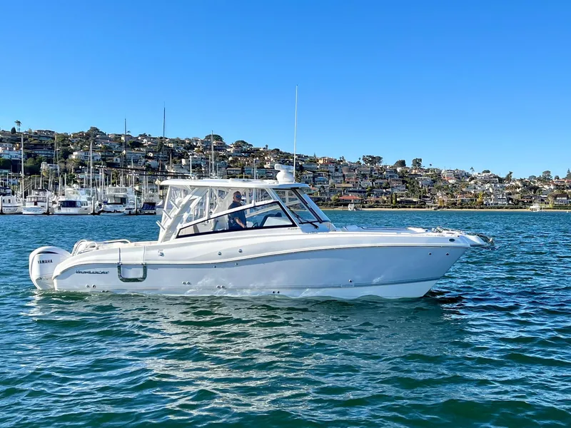 Slide: The Image of 2026 World Cat 325DC boat cruising on a sunny day near a marina. - 4