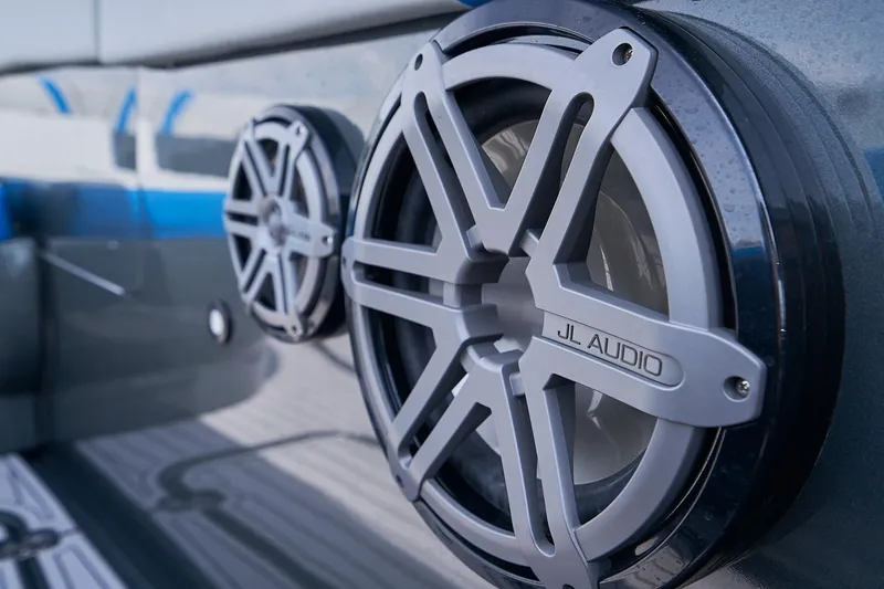 Slide: The Image of Close-up of JL Audio speakers on a 2020 Midnight Express 43' Open boat. - 16