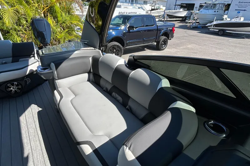 Slide: The Image of Luxurious seating on 2026 Avalon Excalibur 27-Foot boat, with sleek design and modern amenities. - 11