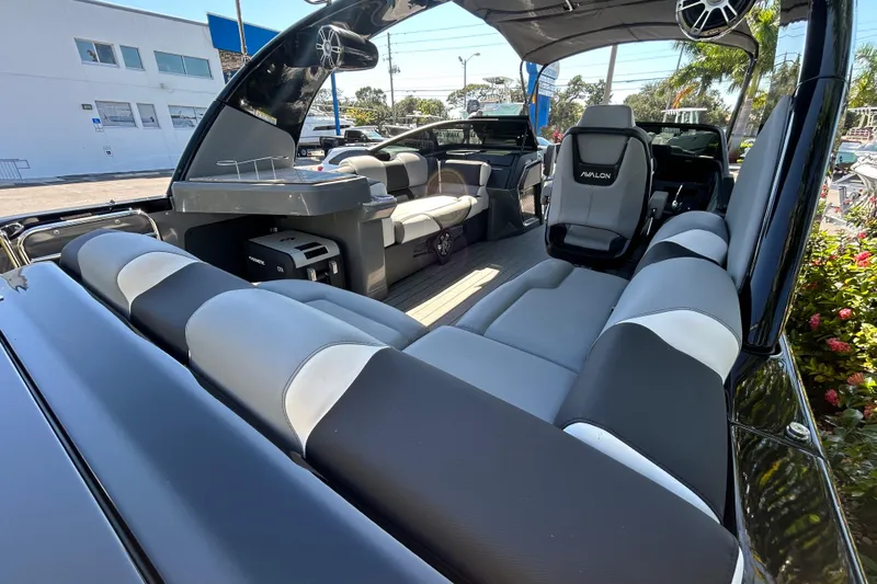 Slide: The Image of Luxurious interior of 2026 Avalon Excalibur 27-foot boat with sleek seating and modern design. - 15