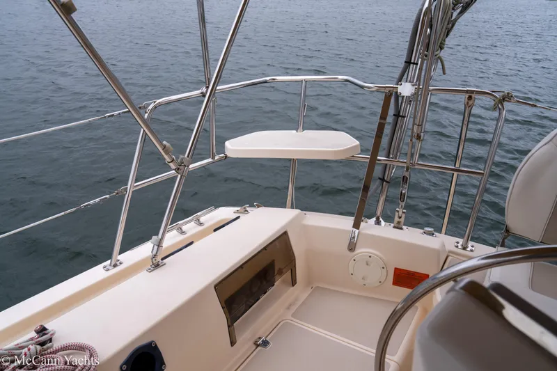 Slide: The Image of 2010 Island Packet Estero yacht deck with stainless steel railings and ocean view. - 4