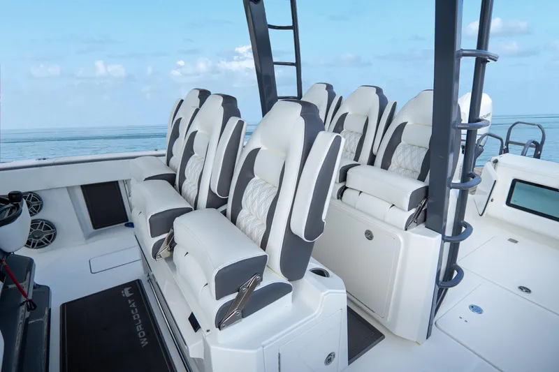 Slide: The Image of Luxurious seating on 2026 World Cat 400CC-X boat with ocean view. - 15