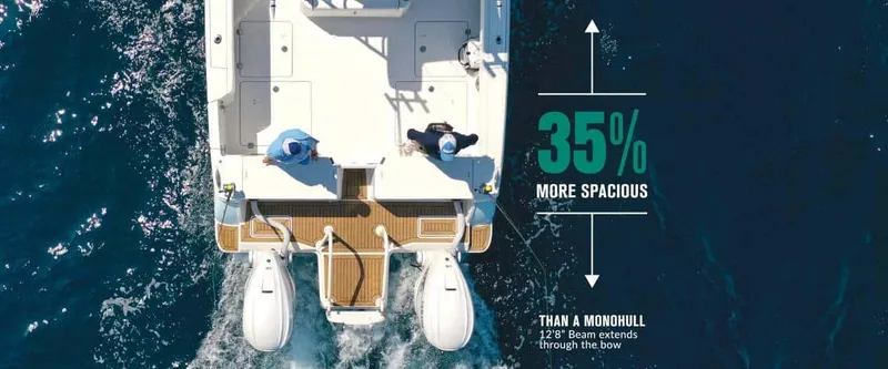 Slide: The Image of World Cat 400CC-X 2026 boat, top view, highlighting 35% more spacious design than monohull. - 3