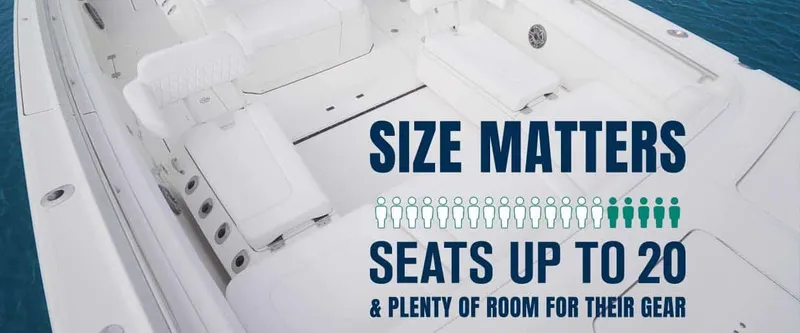 Slide: The Image of 2026 World Cat 400CC-X boat, seats 20, spacious deck, white interior, ocean backdrop. - 5