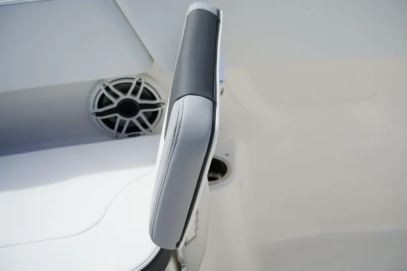 Slide: The Image of 2026 Robalo R250 Center Console boat interior with speaker and cushioned seating. - 40