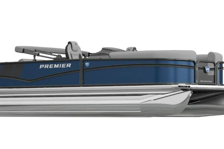 The Image of 2026 Premier 230 SunSation RF pontoon boat, sleek design, blue and gray color scheme. - 1