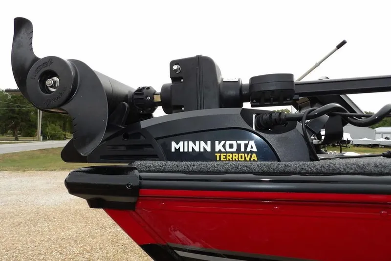 Slide: The Image of Minn Kota Terrova motor on 2022 Lund 1875 Impact Sport boat, red exterior. - 39
