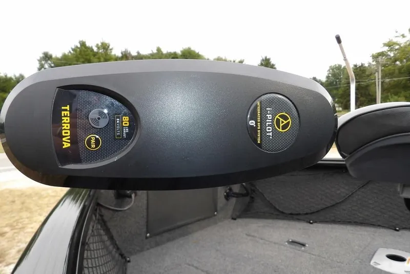 Slide: The Image of Close-up of a 2022 Lund 1875 Impact Sport boat's Terrova trolling motor with i-Pilot system. - 41