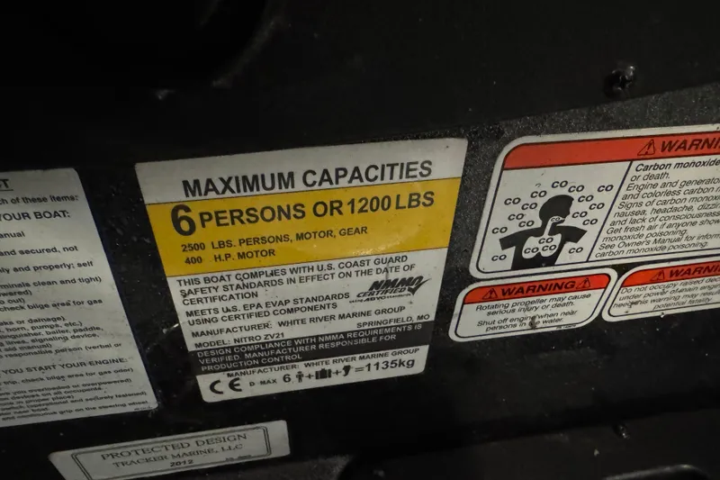 Slide: The Image of Capacity label on 2022 Nitro ZV21 Pro boat, max 6 persons or 1200 lbs, 400 HP motor. - 10