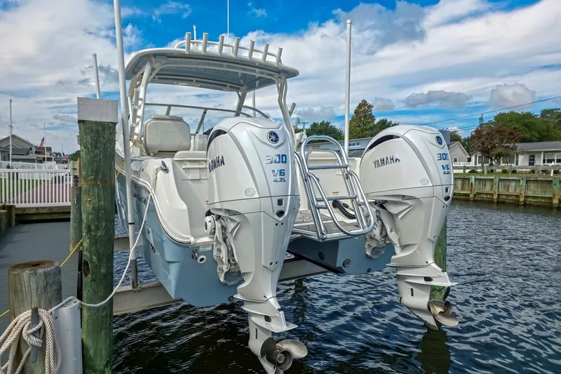 Slide: The Image of 2024 World Cat 296DC boat with dual engines docked by a waterfront. - 8