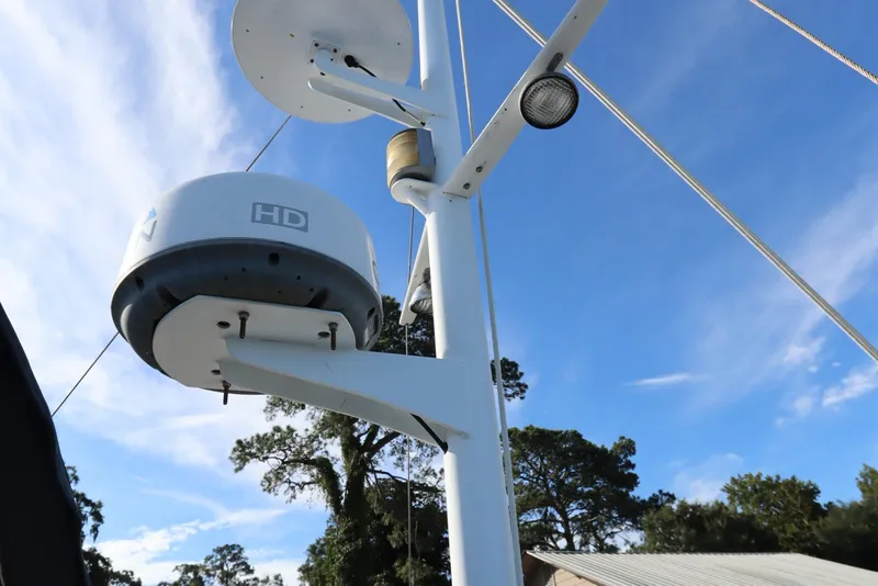 Slide: The Image of Radar equipment on 1993 Grand Banks 46 Classic yacht against blue sky. - 38