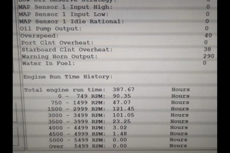 Slide: The Image of Engine diagnostics display for 2004 Rinker 282 Captiva Bowrider, showing runtime and RPM history. - 16