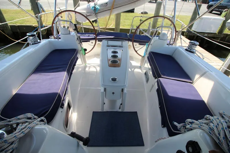 Slide: The Image of 2016 Beneteau Oceanis 40 cockpit with dual steering wheels and blue cushioned seating. - 8