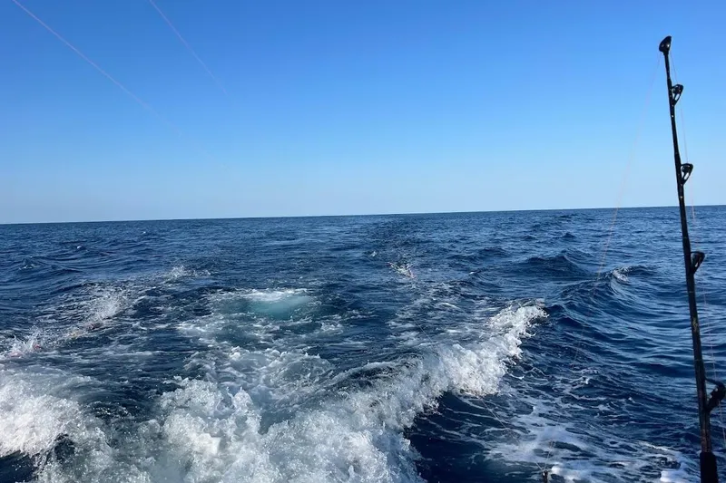 Slide: The Image of Open ocean view from a 1998 Henriques 28 Express boat, with fishing rod visible. - 17