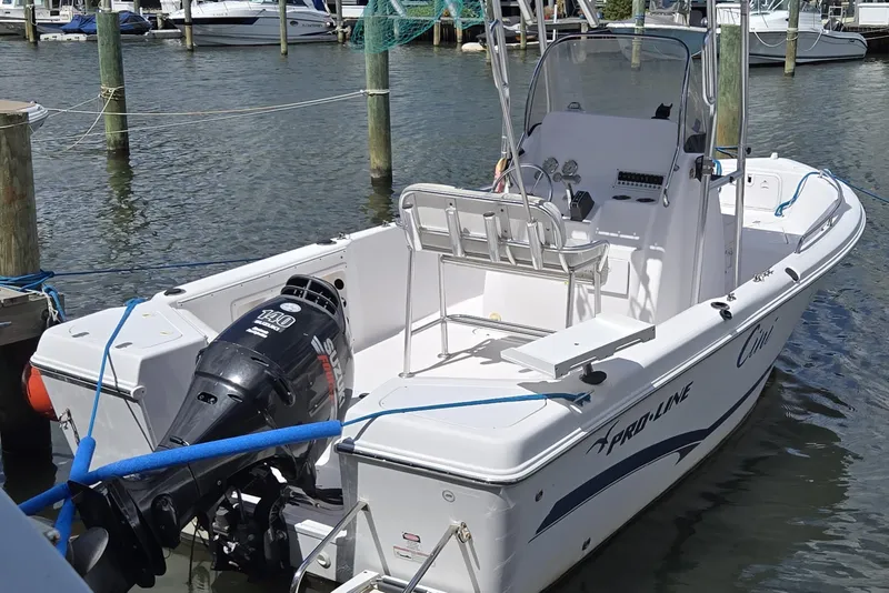 The Image of 2008 Pro-Line 21 Sport Center Console boat docked with outboard motor. - 0