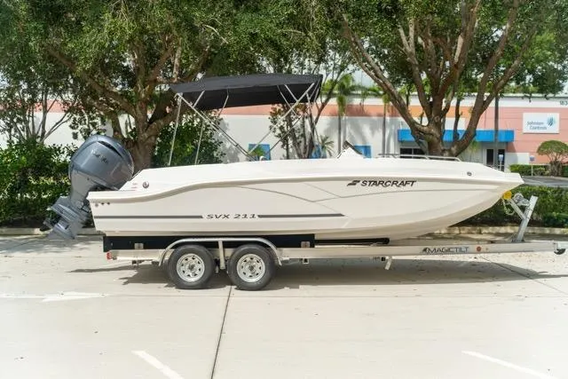 Slide: The Image of 2026 Starcraft SVX 211 OB boat on trailer, parked outdoors. - 4