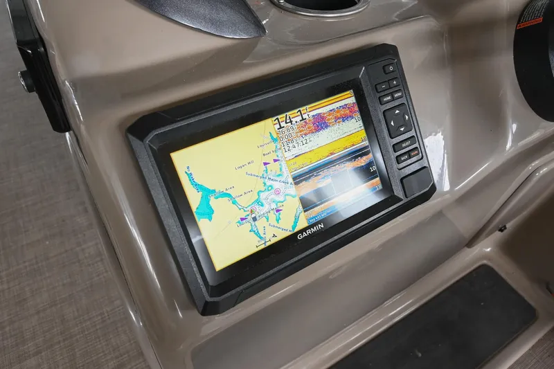 Slide: The Image of Garmin navigation system on 2023 SUNTRACKER DLX 22 Sportfish boat dashboard. - 16