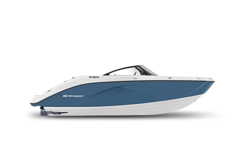 Slide: The Image of 2026 Yamaha Boats SX220, sleek blue and white design, side view. - 47