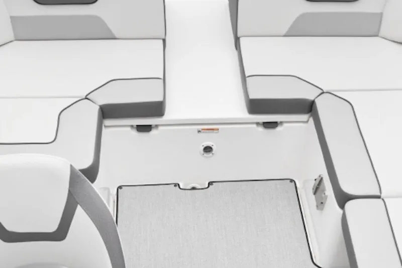 Slide: The Image of 2026 Yamaha Boats SX220 interior seating with gray and white upholstery. - 48