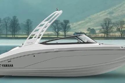 Slide: The Image of 2026 Yamaha Boats 195S in a garage, front view on trailer. - 1