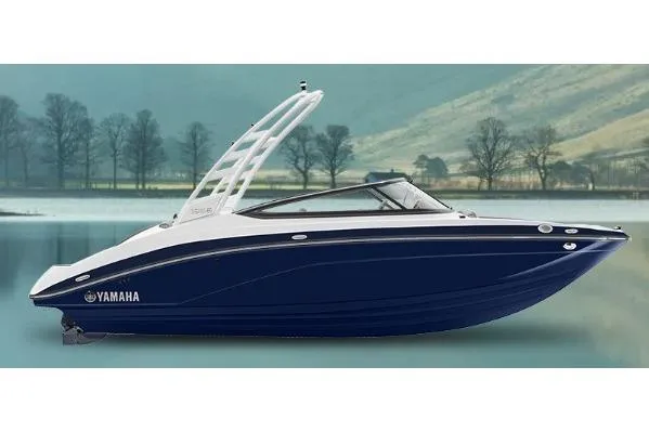 Slide: The Image of 2026 Yamaha Boats 195S, sleek design, blue hull, scenic background. - 39