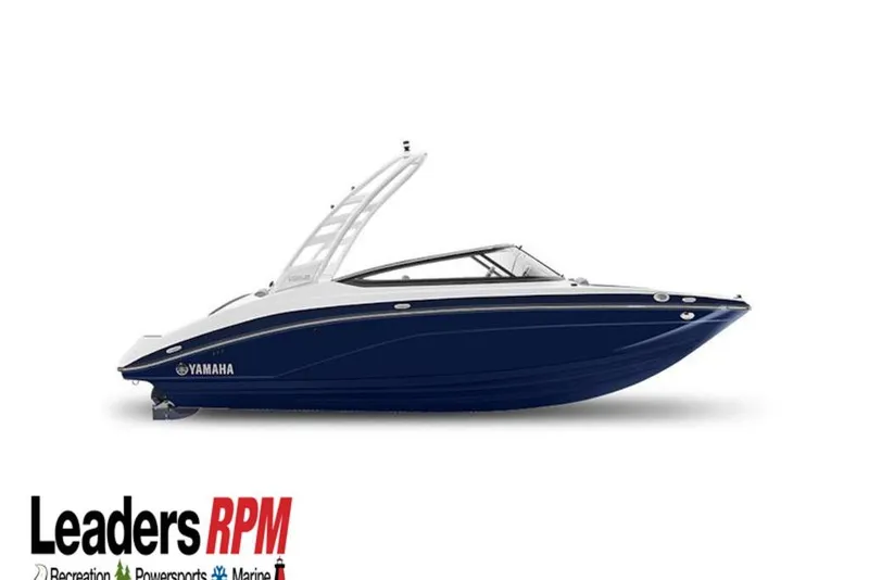 Slide: The Image of 2026 Yamaha Boats 195S, sleek blue and white design, side view. - 40