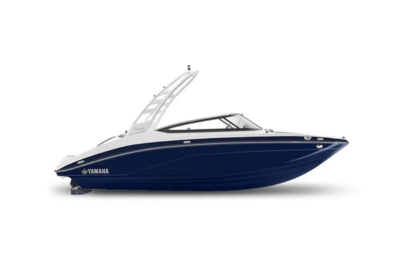 Slide: The Image of 2026 Yamaha Boats 195S, sleek blue and white design, side view. - 46