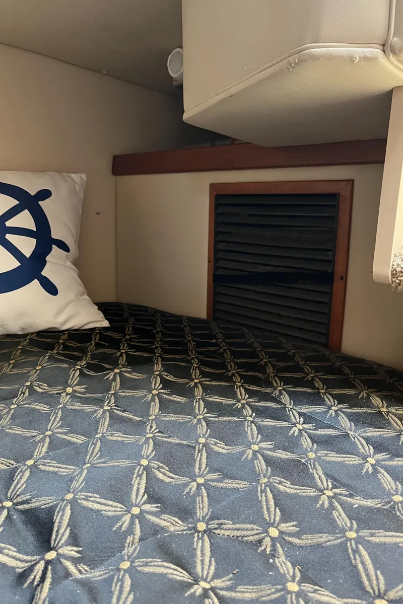 Slide: The Image of 2001 Cruisers Yachts 2870 Express cabin interior with nautical-themed pillow and patterned bedding. - 35