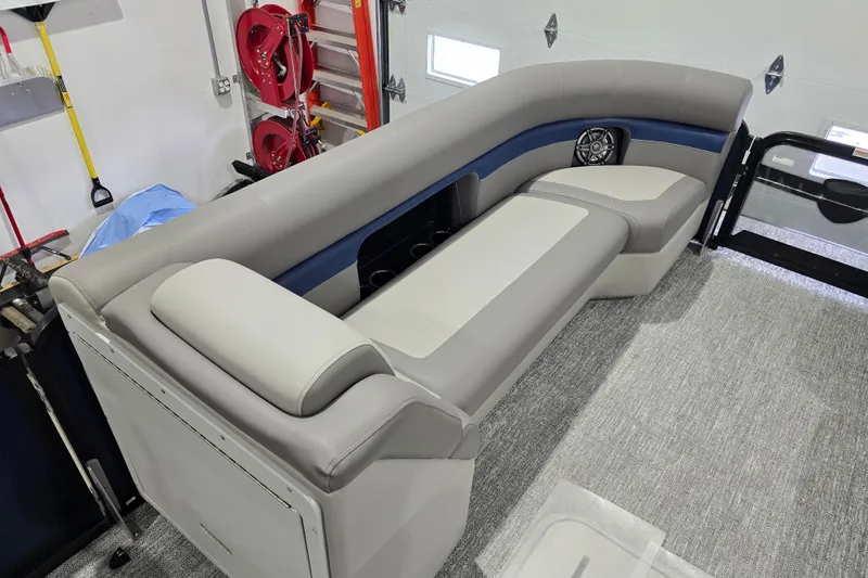 Slide: The Image of Luxurious seating in 2025 Premier 250 Sunsation RS pontoon boat, featuring modern design and comfort. - 13