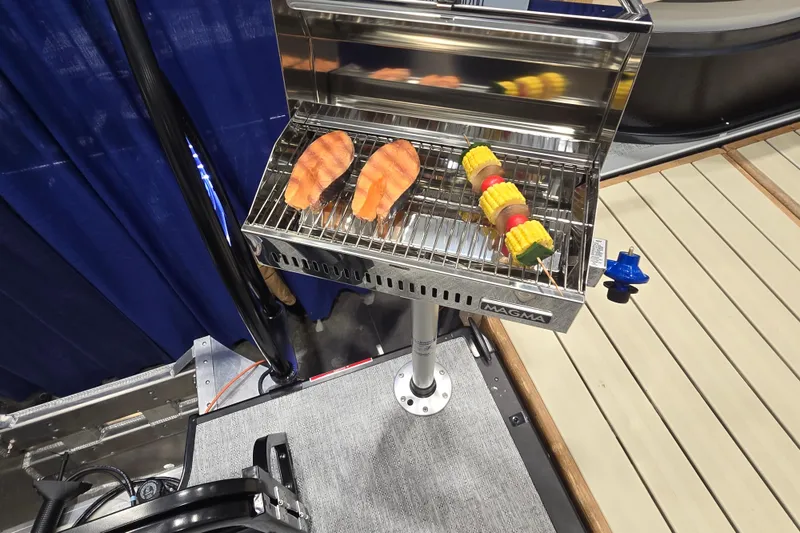 Slide: The Image of Grill on Premier 250 Sunsation RS boat with salmon and vegetable skewers, 2025 model. - 36