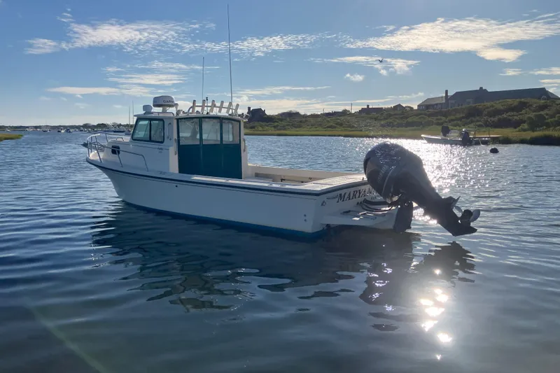 Slide: The Image of 2001 Parker 2520 Sport Cabin boat on calm water under a sunny sky. - 1