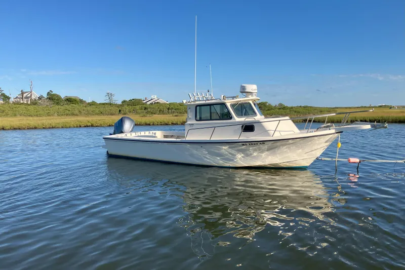 Slide: The Image of 2001 Parker 2520 Sport Cabin boat on calm water under clear blue sky. - 4