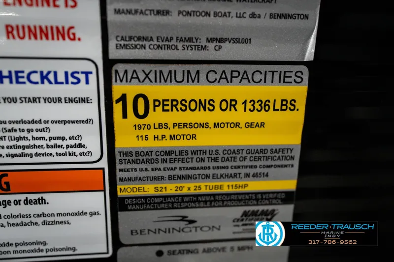 Slide: The Image of Capacity label for 2021 Bennington 21 SLX, 10 persons or 1336 lbs, 115 HP motor. - 65