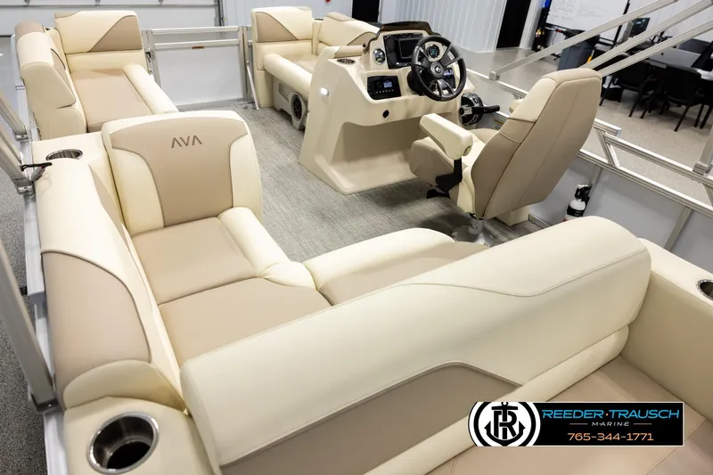 Slide: The Image of Luxurious interior of 2026 Avalon VEN CRB pontoon boat with plush seating and modern helm. - 11