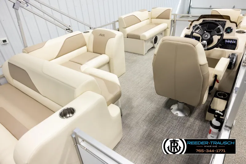 Slide: The Image of Interior of 2026 Avalon VEN CRB boat with beige seating and modern helm. - 12
