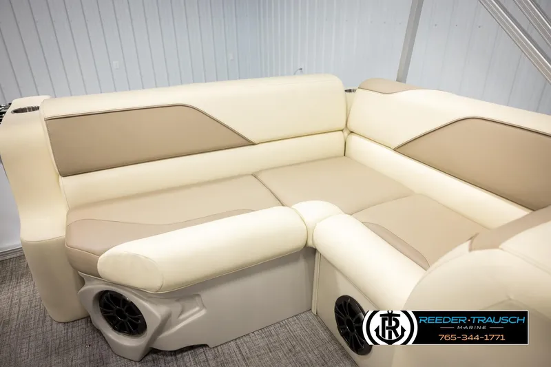 Slide: The Image of Luxurious beige seating in 2026 Avalon VEN CRB boat, featuring integrated speakers. - 20