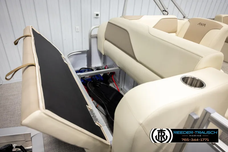 Slide: The Image of Luxurious Avalon VEN CRB 2026 boat interior with beige seating and storage compartment. - 23