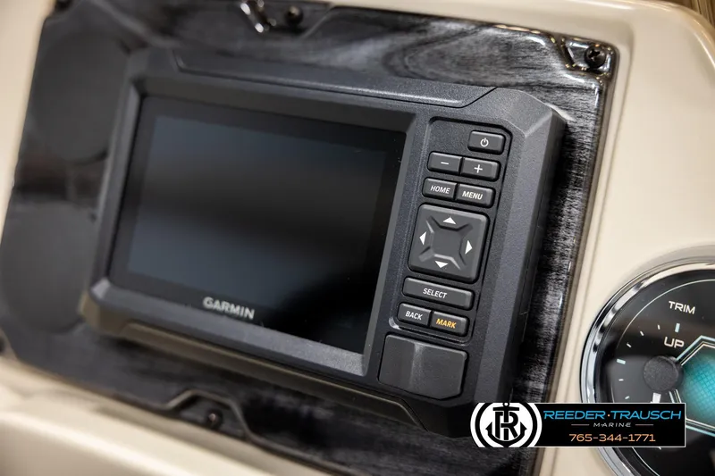 Slide: The Image of Garmin display on 2026 Avalon VEN CRB boat dashboard, featuring control buttons and trim gauge. - 31