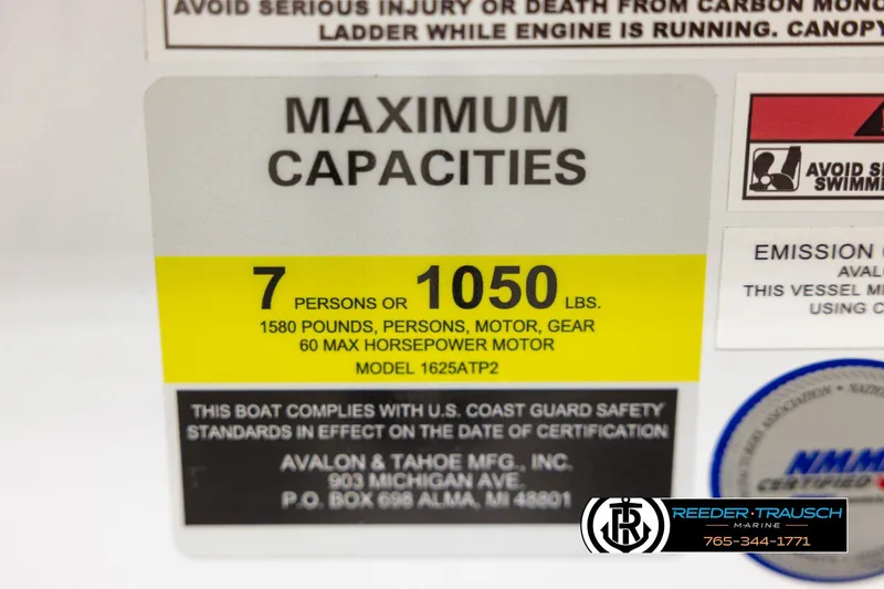 Slide: The Image of 2026 Avalon VEN CRB capacity label: 7 persons, 1050 lbs, 60 HP motor max. - 48