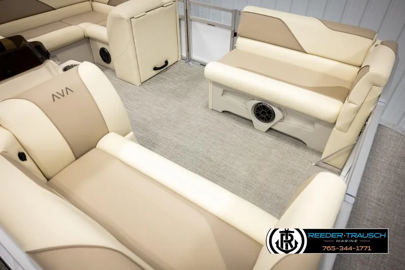 Slide: The Image of Interior of 2026 Avalon VEN CRB boat with beige seating and speaker system. - 9