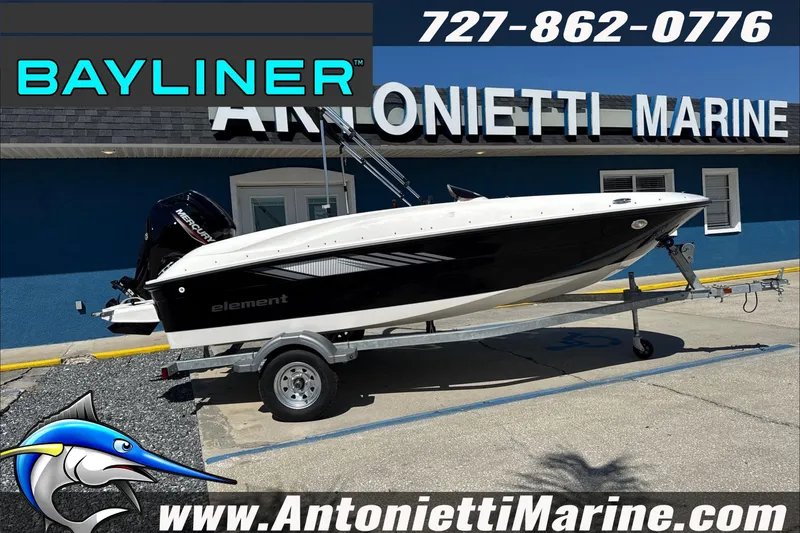 The Image of 2026 Bayliner Element E16 boat on trailer at Antonietti Marine dealership. - 1