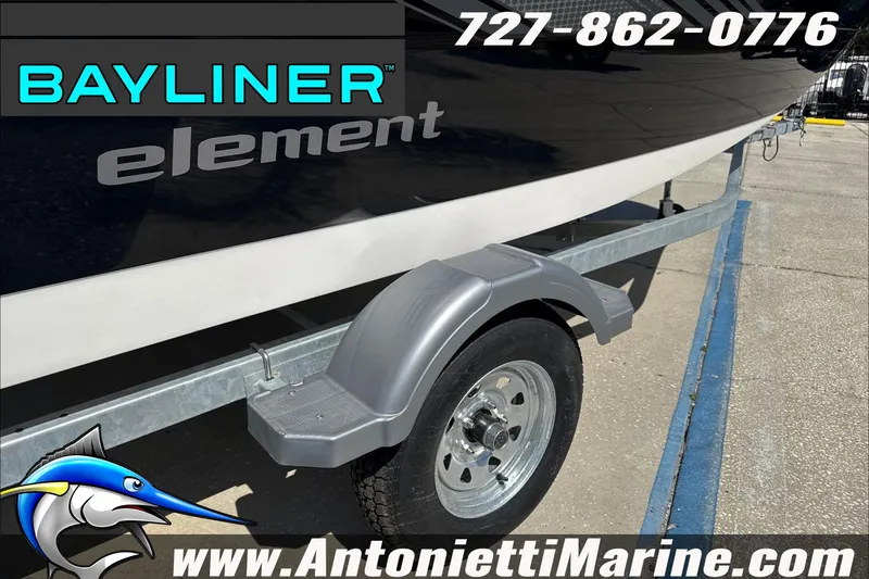 Slide: The Image of 2026 Bayliner Element E16 boat on trailer, Antonietti Marine branding visible. - 10