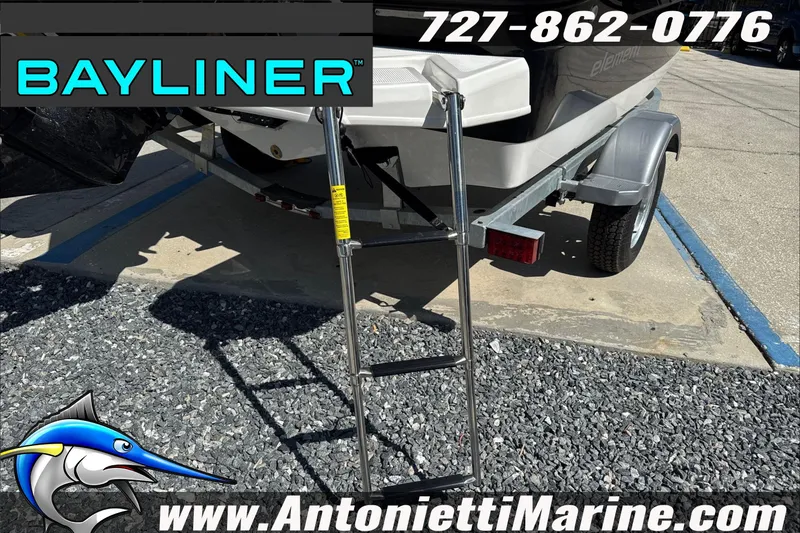 Slide: The Image of Bayliner Element E16 boat on trailer with ladder, Antonietti Marine contact details. - 12