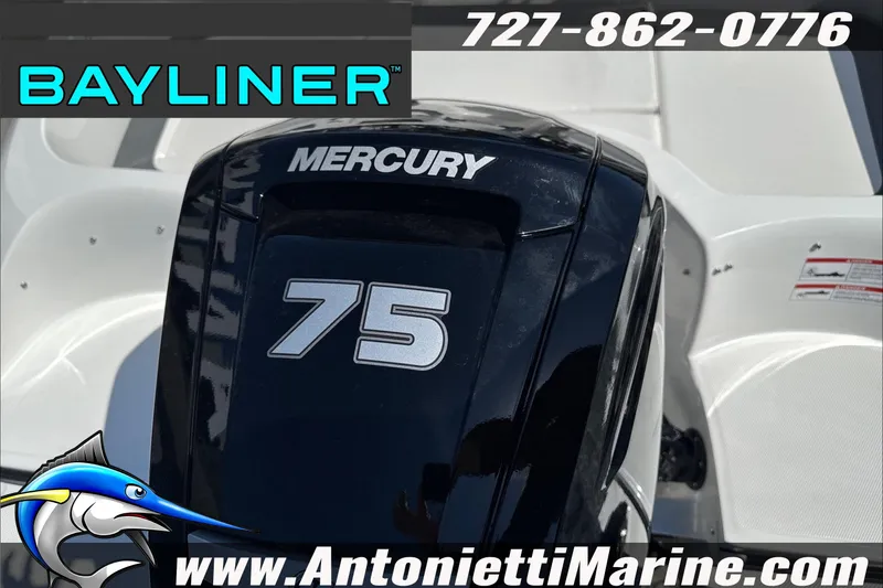 Slide: The Image of Bayliner Element E16 boat with Mercury 75 engine, 2026 model, Antonietti Marine contact details. - 14
