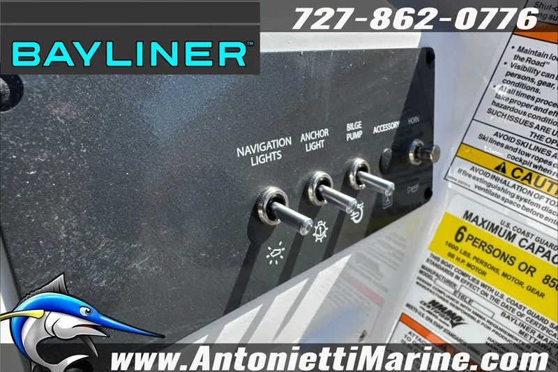 Slide: The Image of 2026 Bayliner Element E16 control panel with switches and capacity warning label. - 17