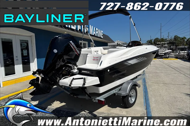 Slide: The Image of 2026 Bayliner Element E16 boat displayed at Antonietti Marine dealership. - 2