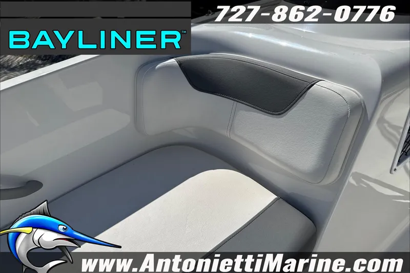 Slide: The Image of 2026 Bayliner Element E16 boat seat detail with logo and contact information. - 20