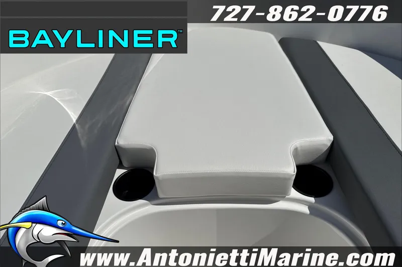 Slide: The Image of 2026 Bayliner Element E16 boat interior with seating, logo, and contact details. - 21